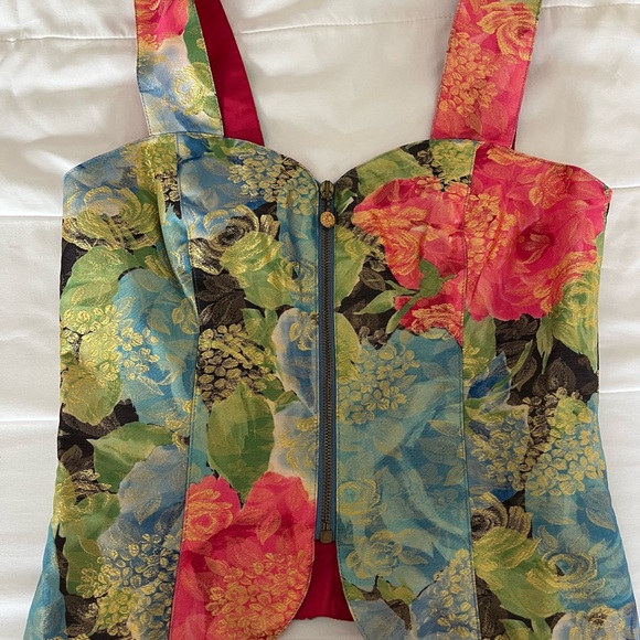 Vintage satin floral print embroidered bustier top